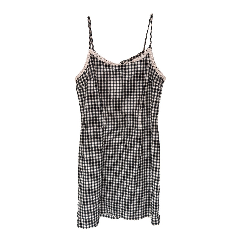Women's Black White Gingham Plaid Sleeveless Lace Trim Mini Dress Size 13